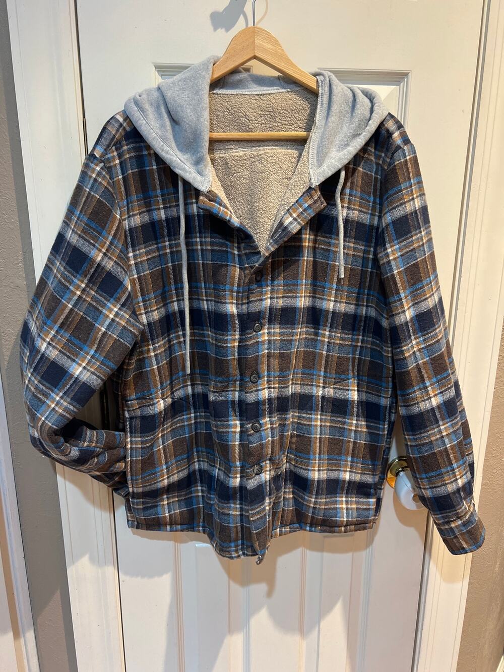 Men's Plaid Flannel Shacket Hooded Fleece Warm Winter Shirt Jacket Large Blue